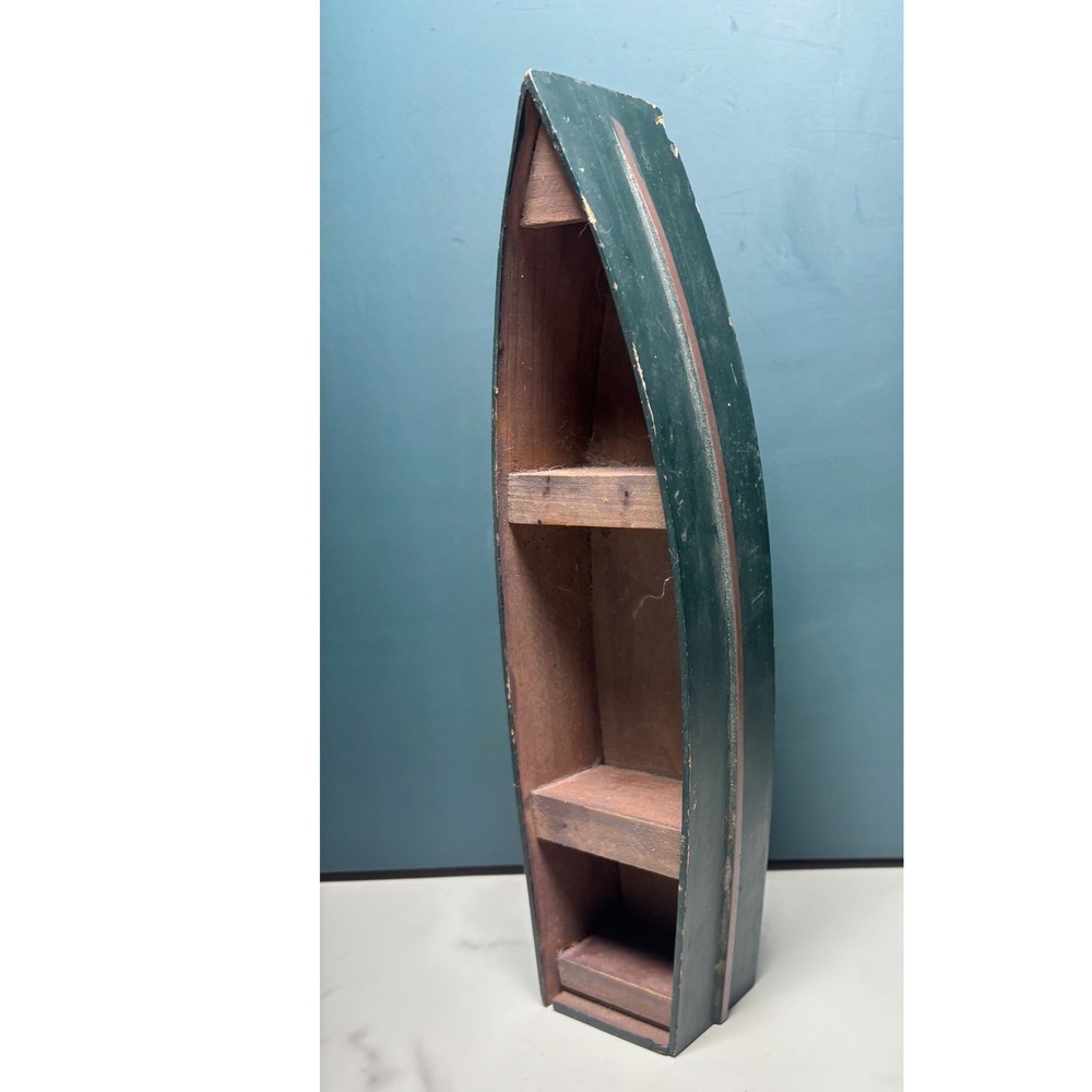 Vintage Rustic Wooden Canoe Shelf Miniature Boat Display Forest Green 10 inch